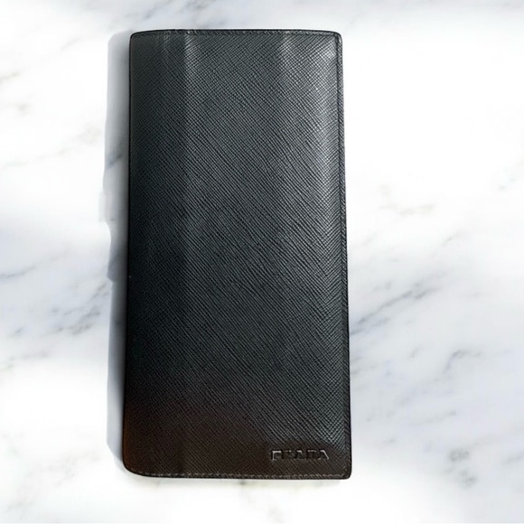 PRADA Saffiano Leather Long Wallet Black  Burgundy Multi-Color Interior - Picture 2 of 12